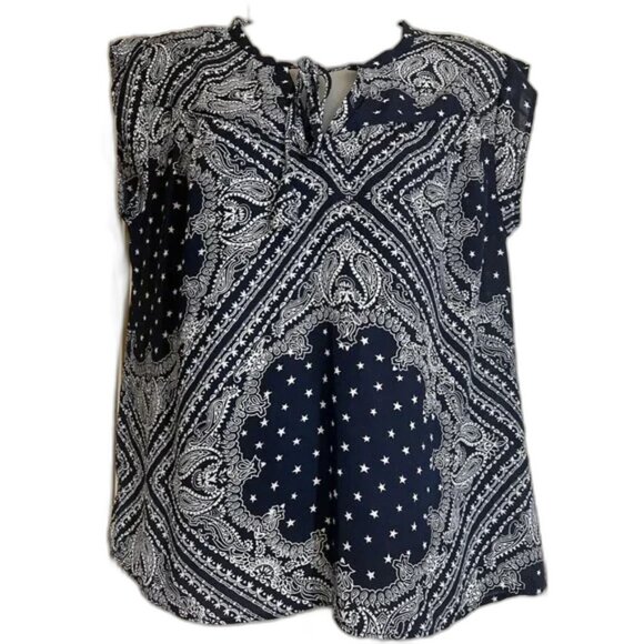 Cupio Navy Bandana Paisley Star Print Tie Neck Cap Sleeve Top Size Small - Picture 1 of 9